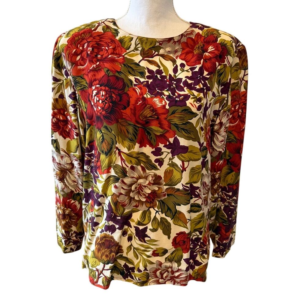 Vintage Silk Long Sleeve Top Burnt Orange Plum Olive Green Floral Print